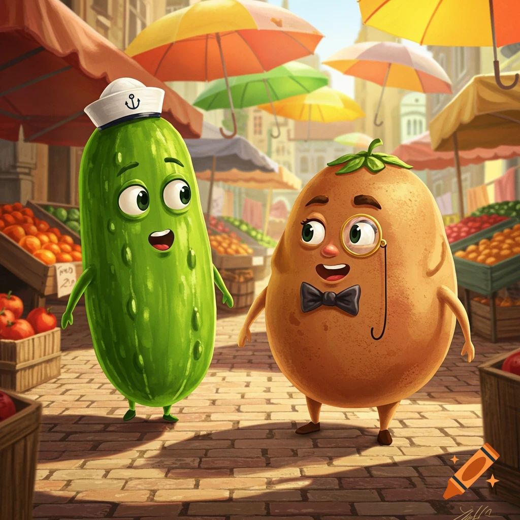 A cartoon cucumber in a sailor hat and a potato with a monocle and bow tie stand in a lively outdoor market.