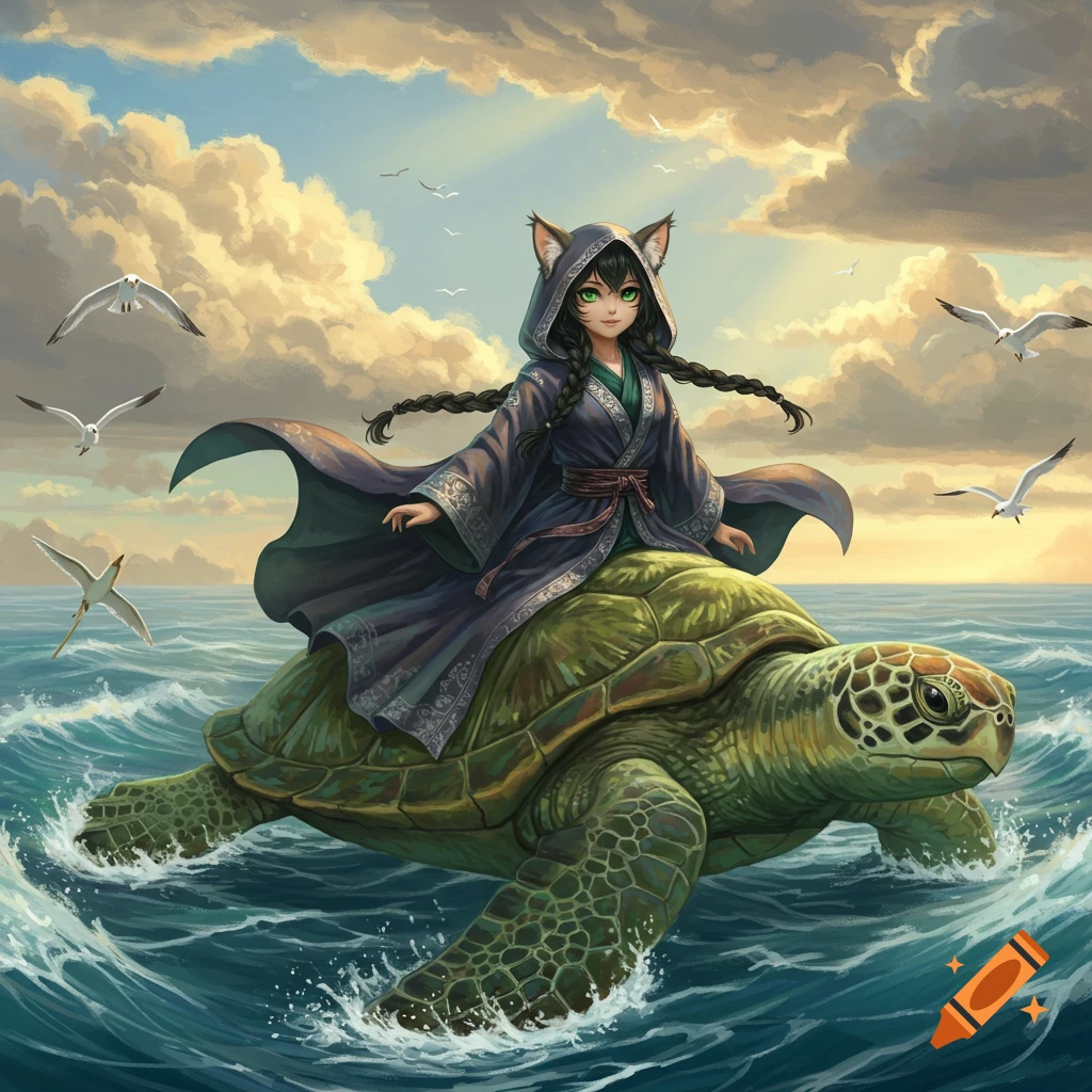 Anime cat girl in a hooded robe riding a large green sea turtle across a blue ocean under a cloudy sky.