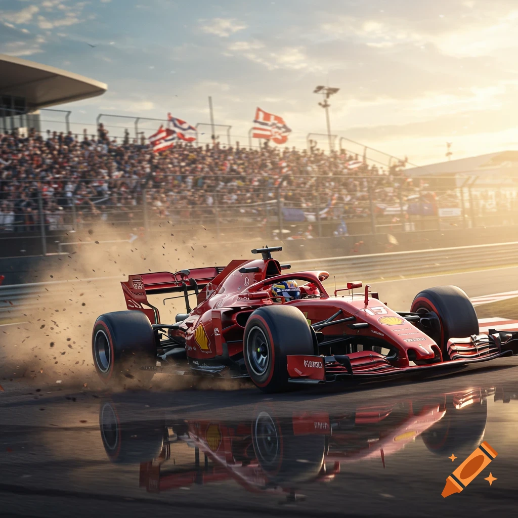 A red Formula 1 race car speeds around a track, kicking up dirt and water, with cheering spectators in the background and a bright sunset sky.