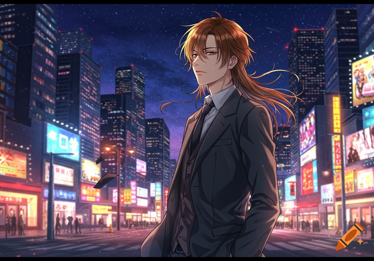 Anime boy with long brown hair in a dark suit standing in a neon-lit city at night.