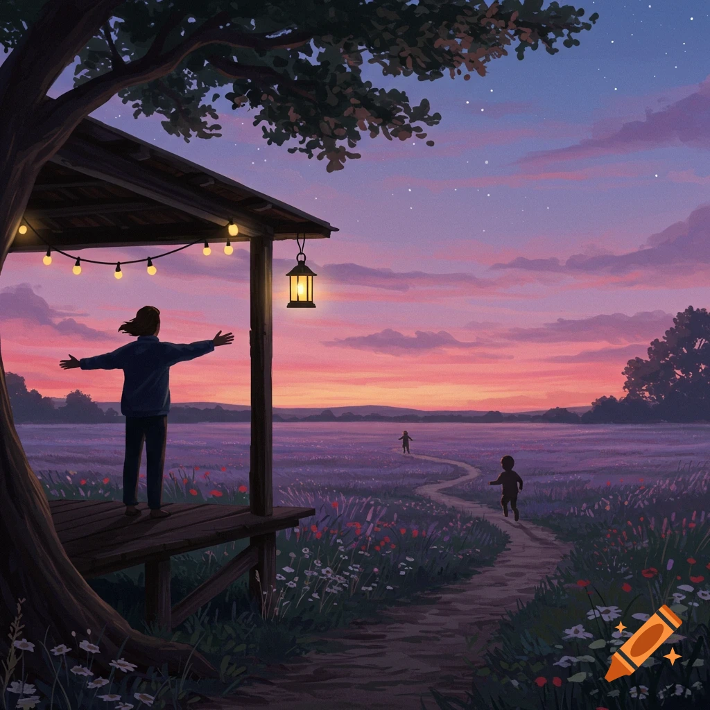A person with arms open stands on a porch, watching the sunset over a vast purple field with two children on a winding path, in an illustrated style.