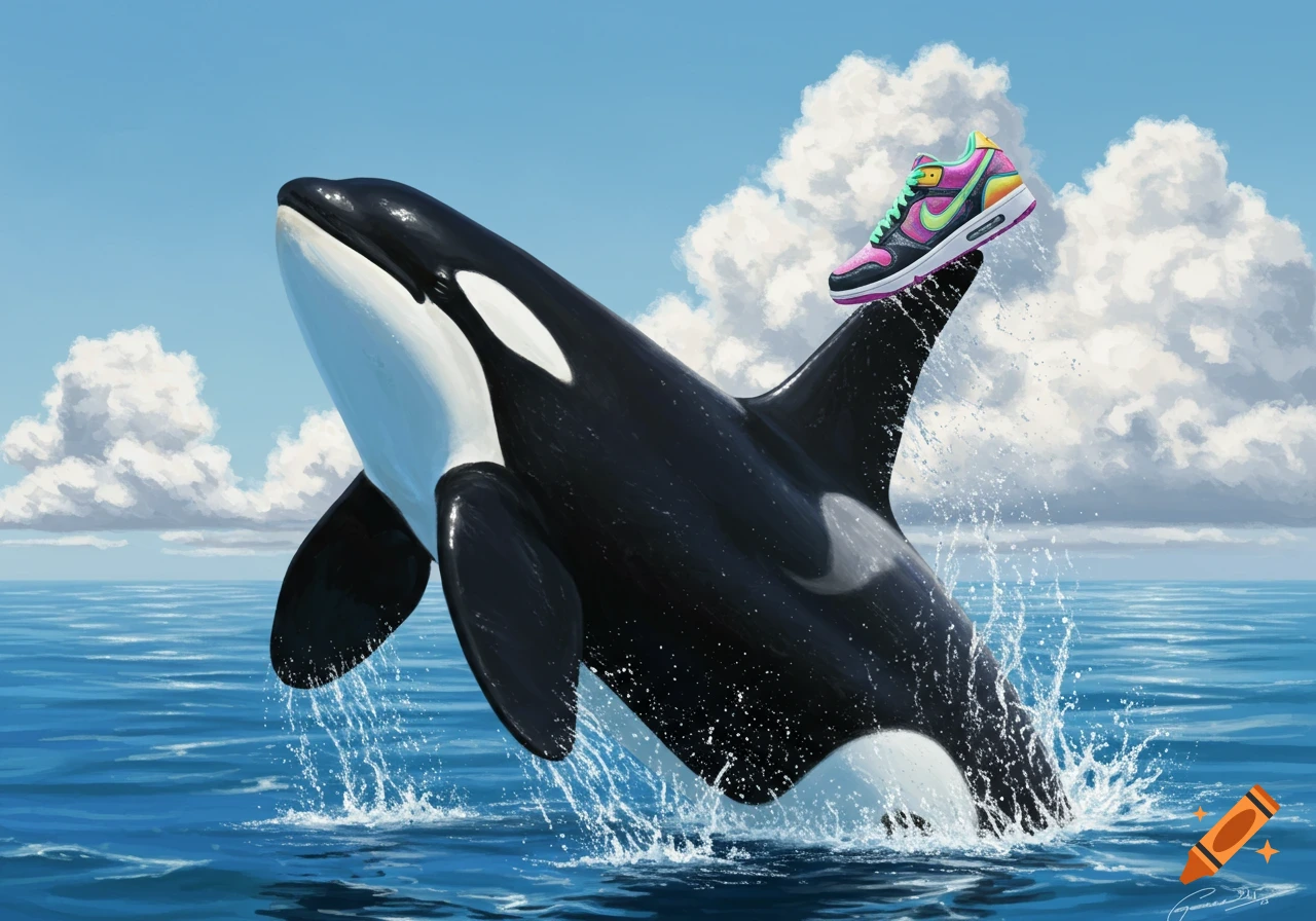 An orca leaps from blue ocean waters with a colorful sneaker balanced on its dorsal fin, under a bright sky with white clouds.