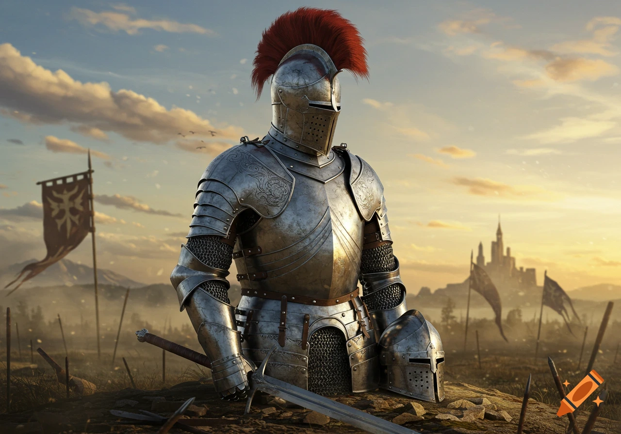 A knight in shining full plate armor with a red plume stands on a battlefield at sunset, a sword at their feet and a castle in the distance.