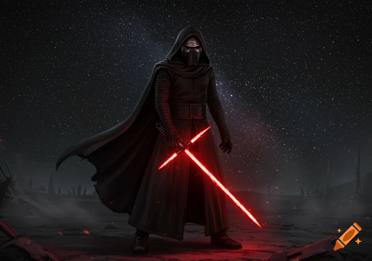 Kylo Ren stands in a dark, desolate landscape under a starry sky, holding a glowing red crossguard lightsaber. Digital painting.