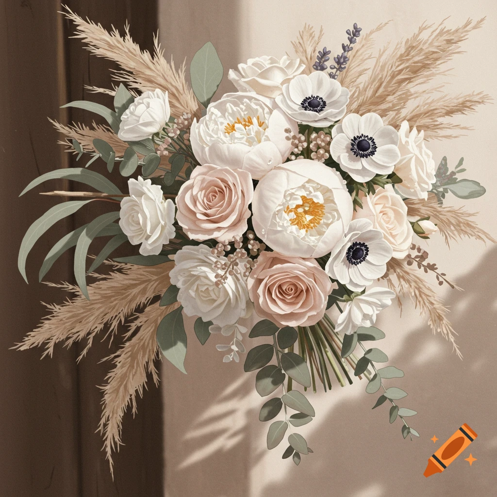 A beautiful boho wedding bouquet featuring white peonies, blush roses, white anemones, pampas grass, and eucalyptus leaves.