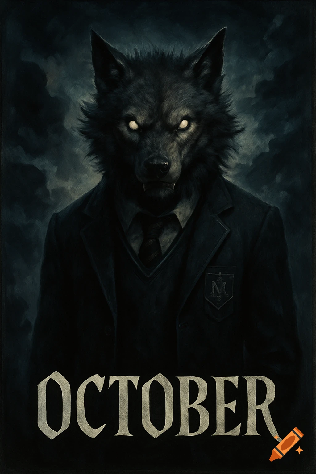 Dark, menacing werewolf in a uniform with glowing eyes against a cloudy sky, with 'OCTOBER' text at the bottom. Painterly style.