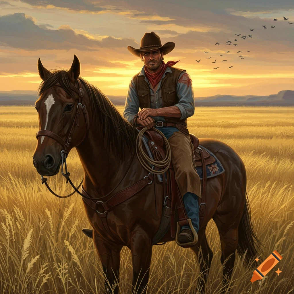 A cowboy in a hat and vest sits on a brown horse in a golden field at sunset, with birds flying in the distance.