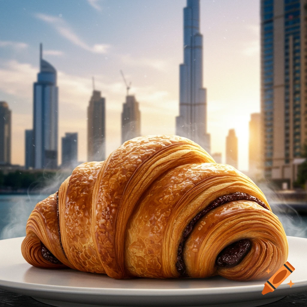 A close-up of a golden brown chocolate croissant on a white plate with a modern city skyline and sunset in the background.