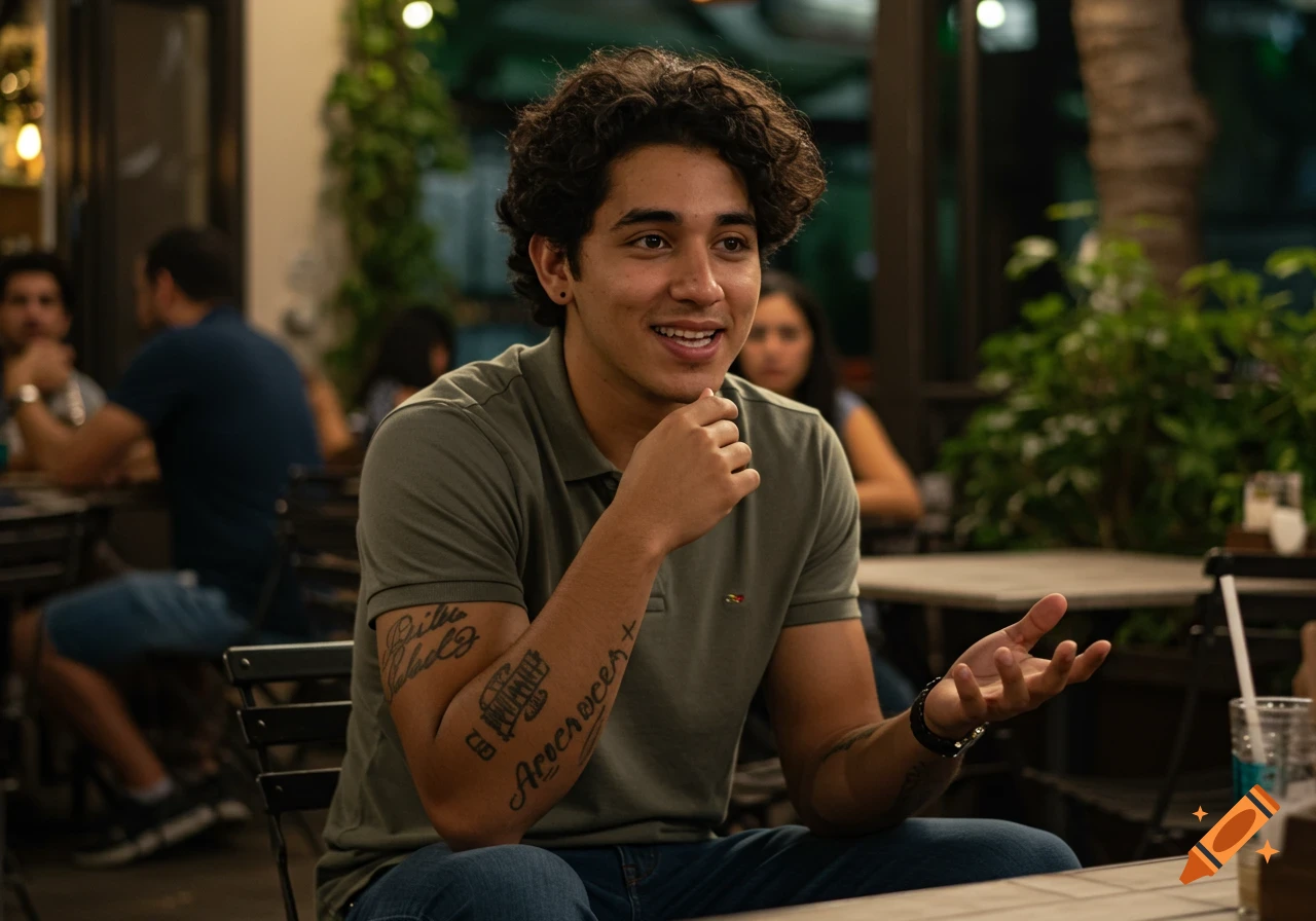 A young man with curly hair and a gray polo shirt sits at a table in a cafe, smiling and gesturing with his hand.