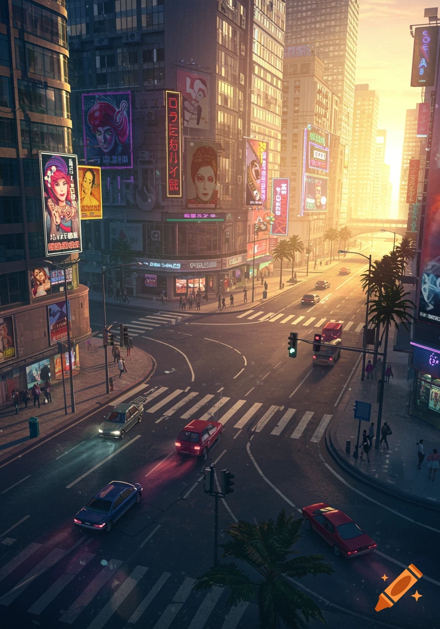 An aerial view of a vibrant city intersection at sunset, with tall buildings, numerous billboards, and cars on the street.