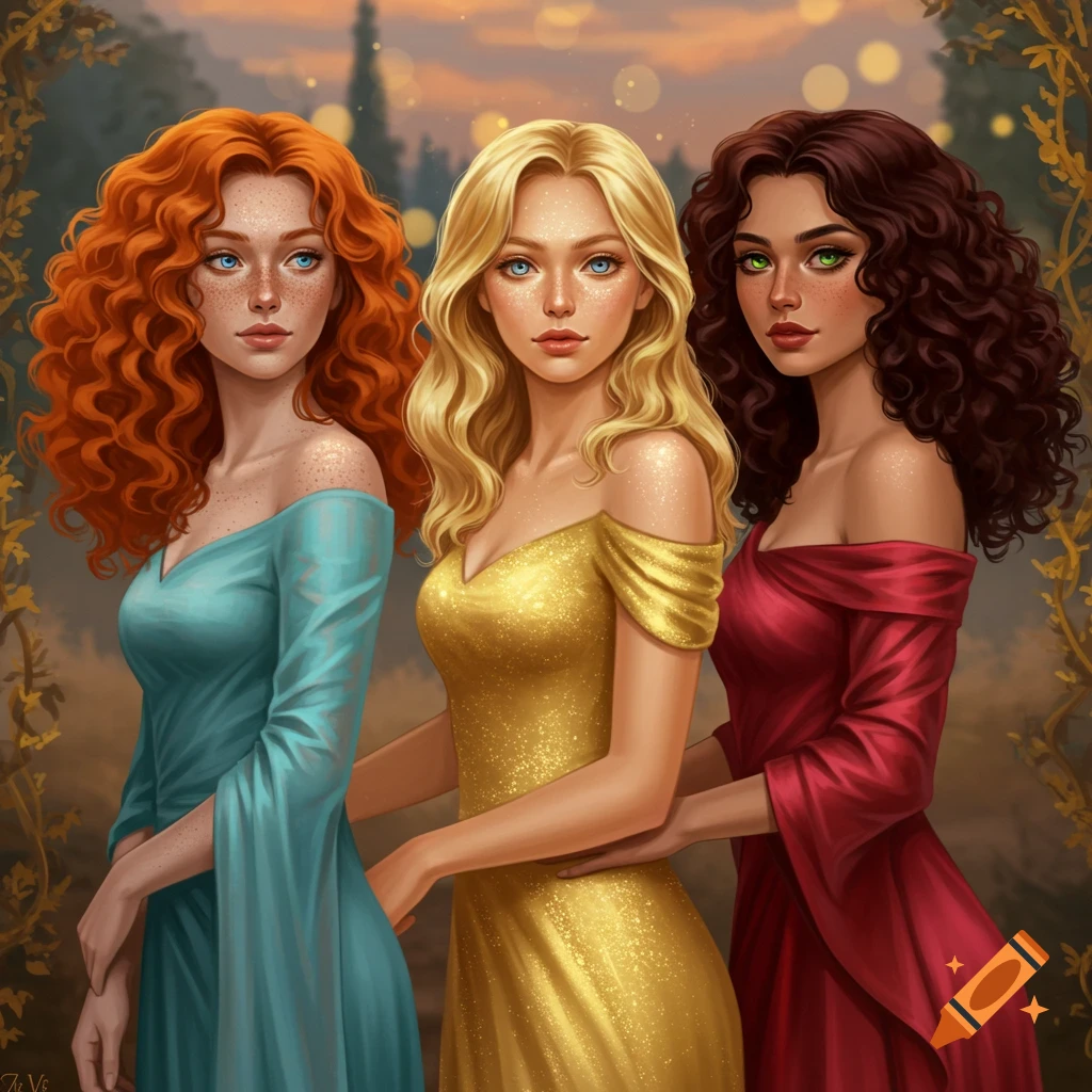 Three fantasy women with distinct hair colors and dresses: red-haired in blue, blonde in gold, and dark-haired in red, in an outdoor setting.