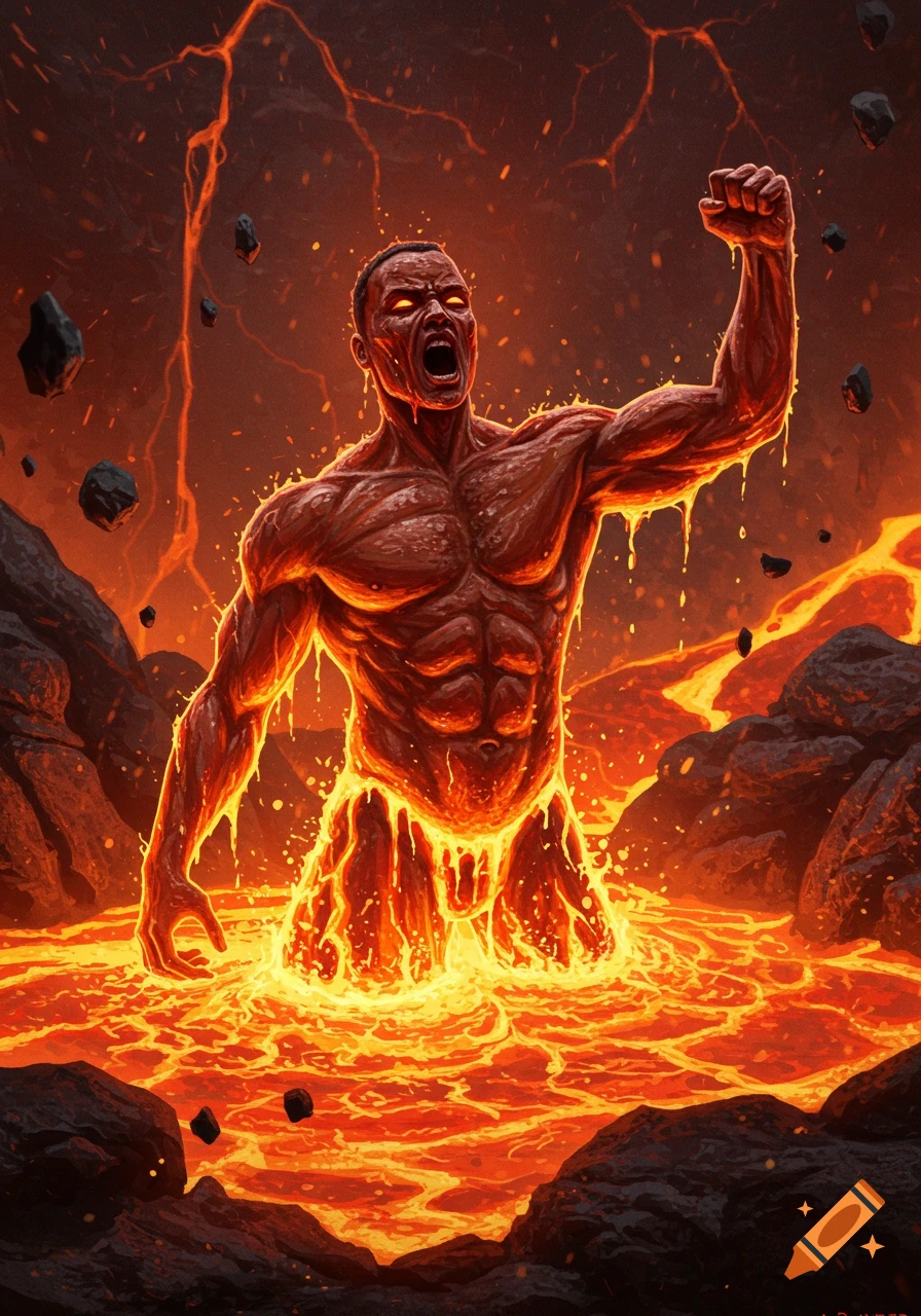 A muscular man with glowing eyes, covered in molten rock, emerges from a river of lava with his fist raised, yelling.