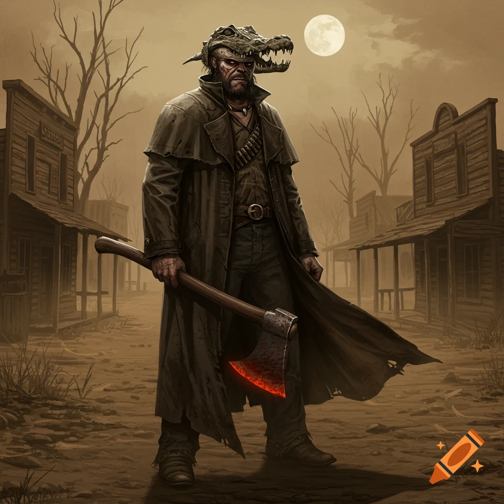A grim man in a long coat with an alligator head hat holds a glowing axe in a dusty Wild West town under a full moon, digital painting.