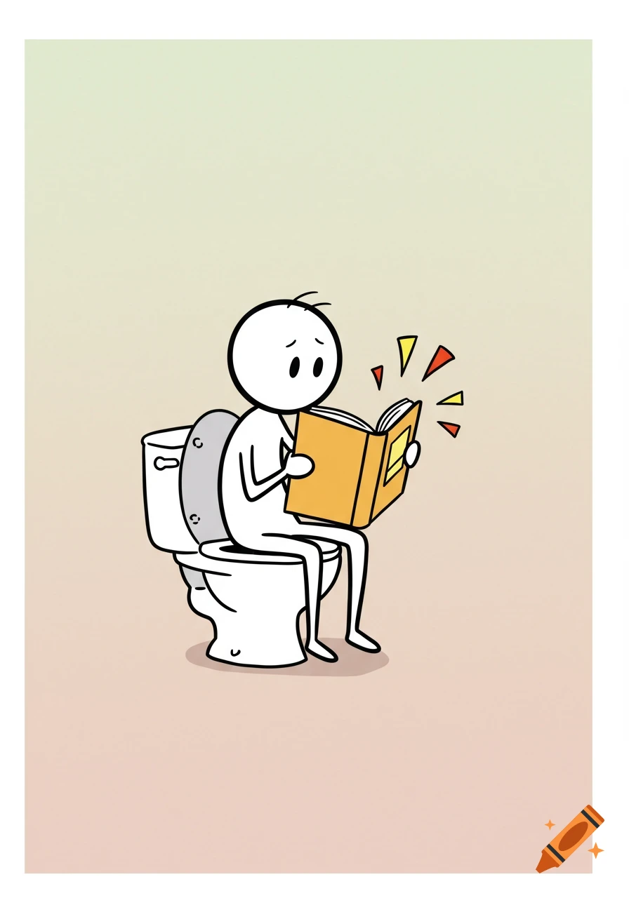 A simple cartoon stick figure sits on a toilet, intently reading an orange book.