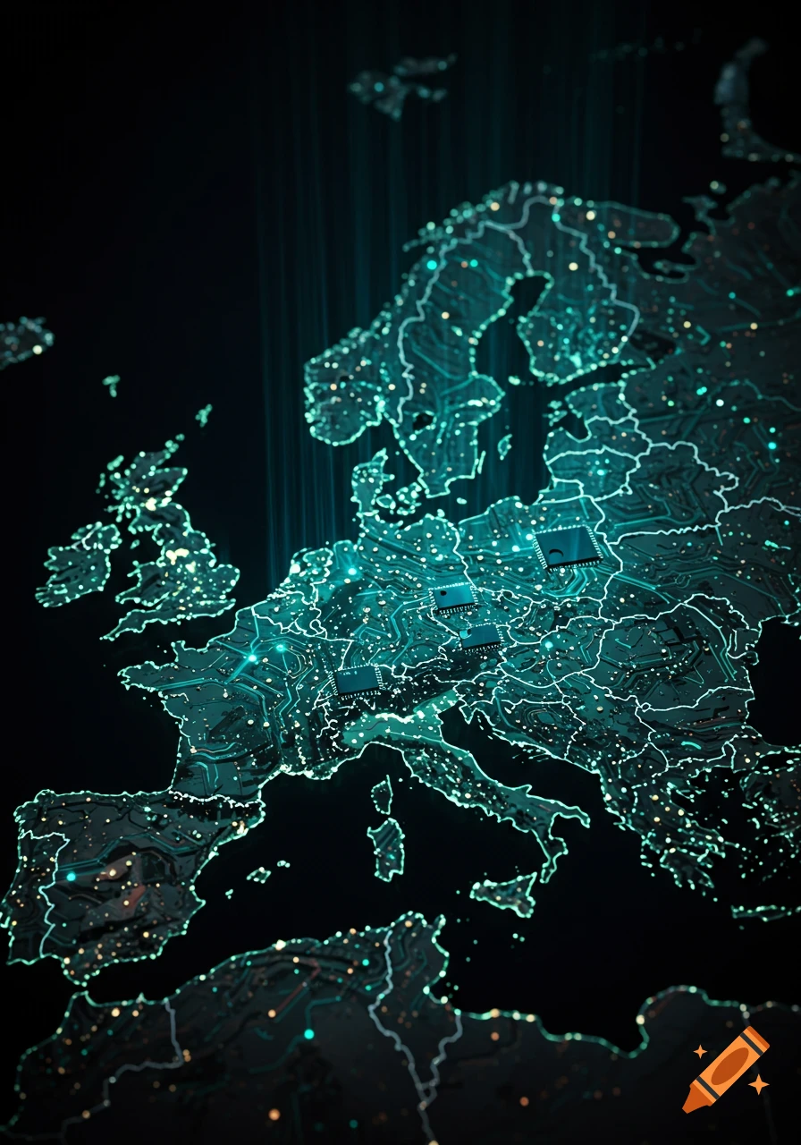 A glowing, digital map of Europe stylized as a circuit board with embedded computer chips on a dark background.