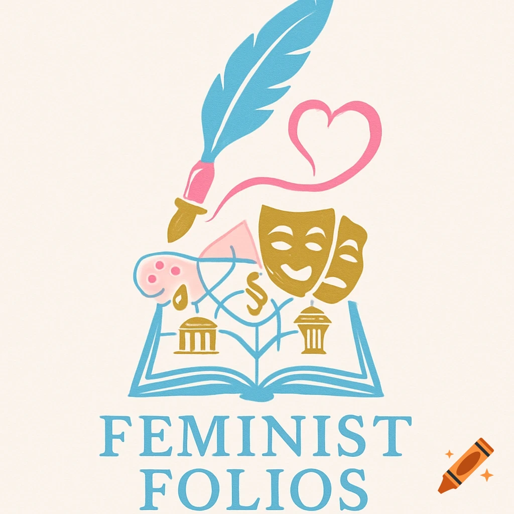 A playful logo with a blue quill, a pink heart, gold comedy and tragedy masks, and an open book. Below it, the words 'FEMINIST FOLIOS' are written in blue.
