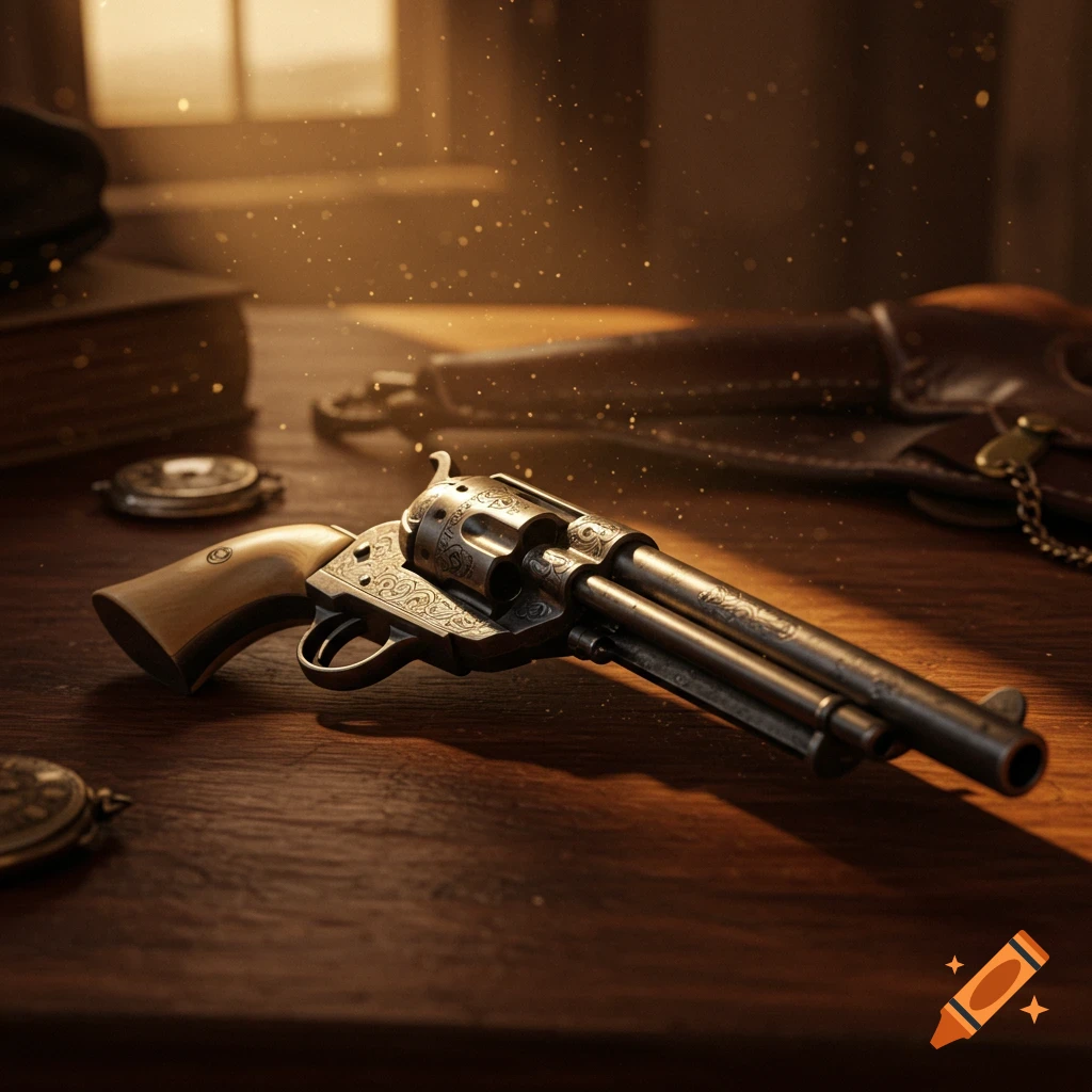 An engraved antique revolver rests on a wooden desk with a leather holster, books, and pocket watches in atmospheric lighting.