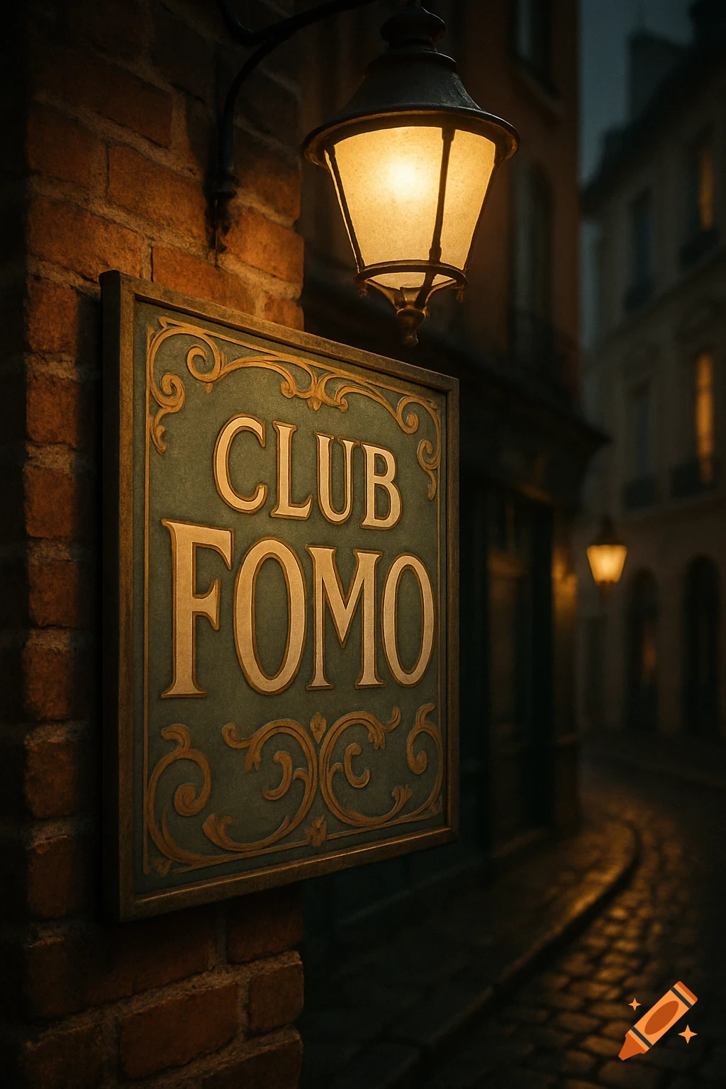 Vintage-style 'CLUB FOMO' sign on a brick wall at night, illuminated by a glowing lantern, with a dark cobblestone street.