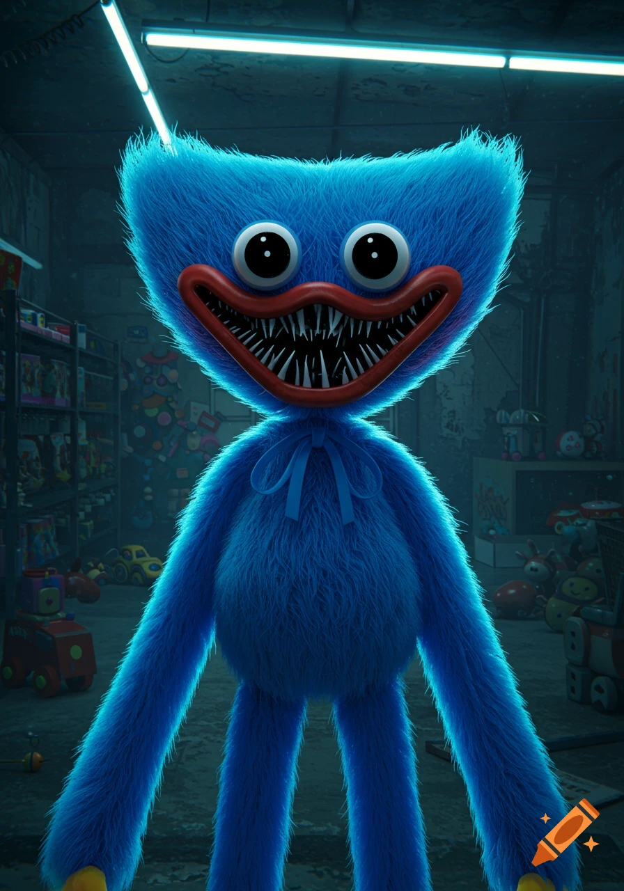 A tall, blue furry monster with large eyes and a wide, toothy grin stands in a dark, abandoned toy factory lit by fluorescent lights.