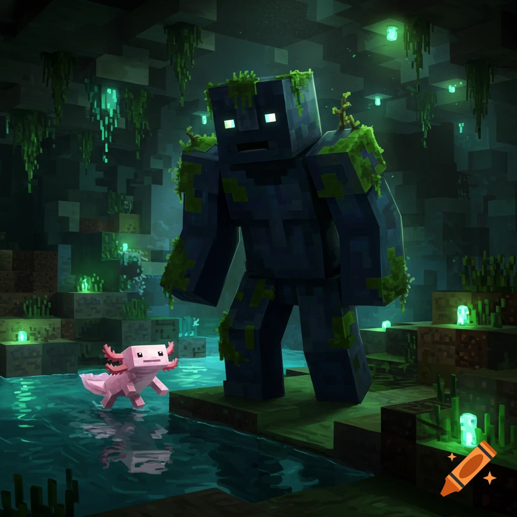 A Minecraft Warden and a pink axolotl stand in a dark, glowing cave with water.