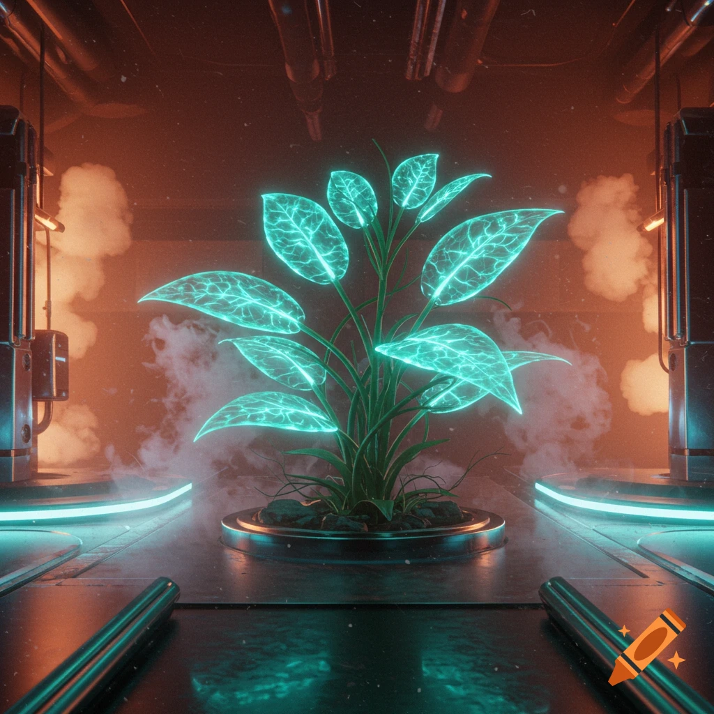 A glowing turquoise plant with prominent veins on its leaves sits in a dark, futuristic room with orange lighting, metallic structures, and steam.