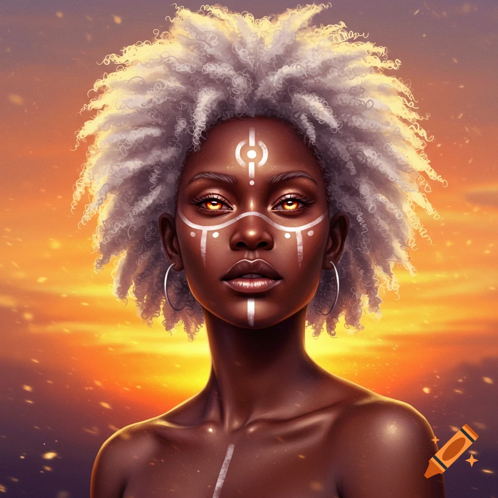 A dark-skinned woman with white afro hair and glowing eyes, adorned with white tribal face paint, against a fiery sunset.