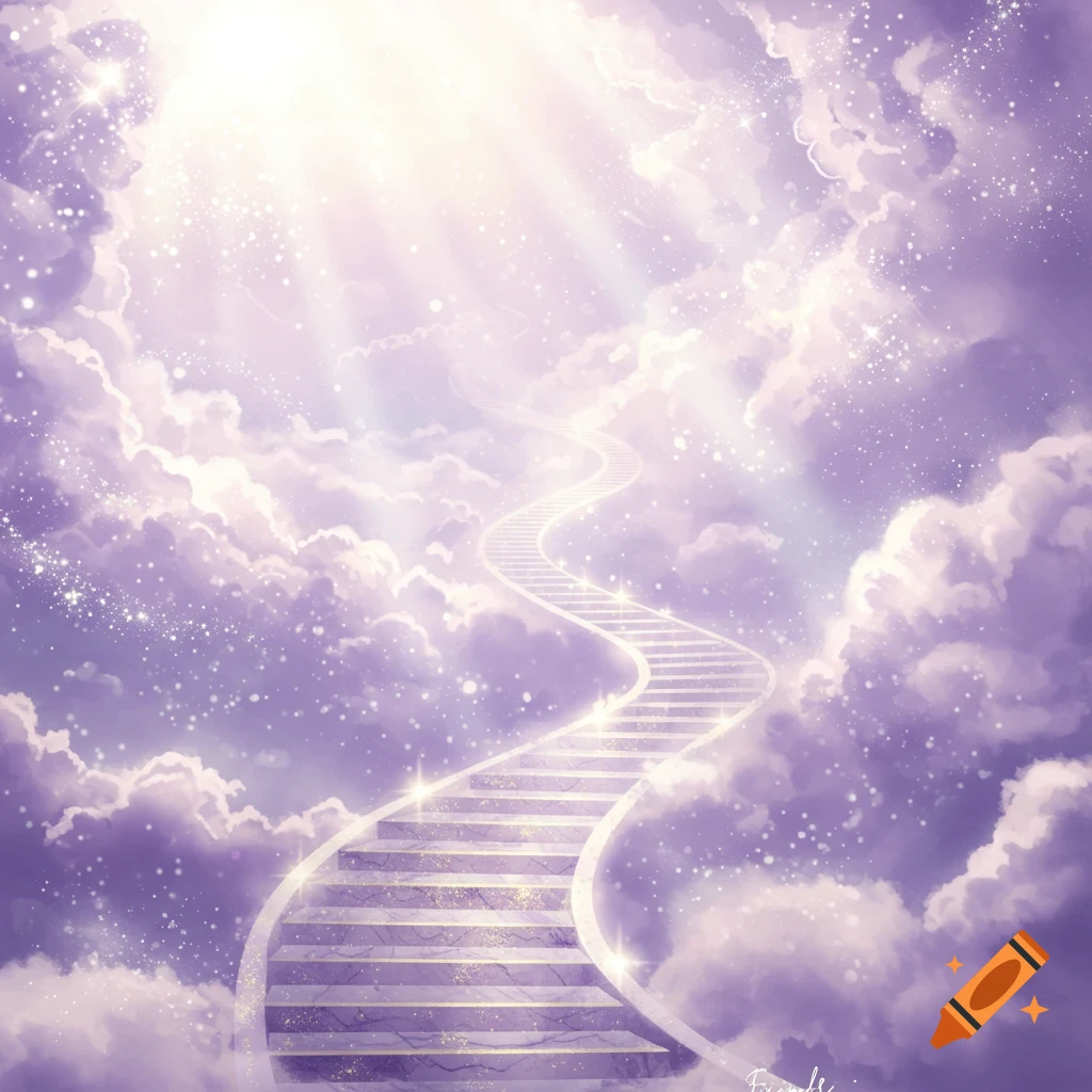 A glowing stairway ascends through fluffy purple and white clouds towards bright light rays, with sparkling dust.