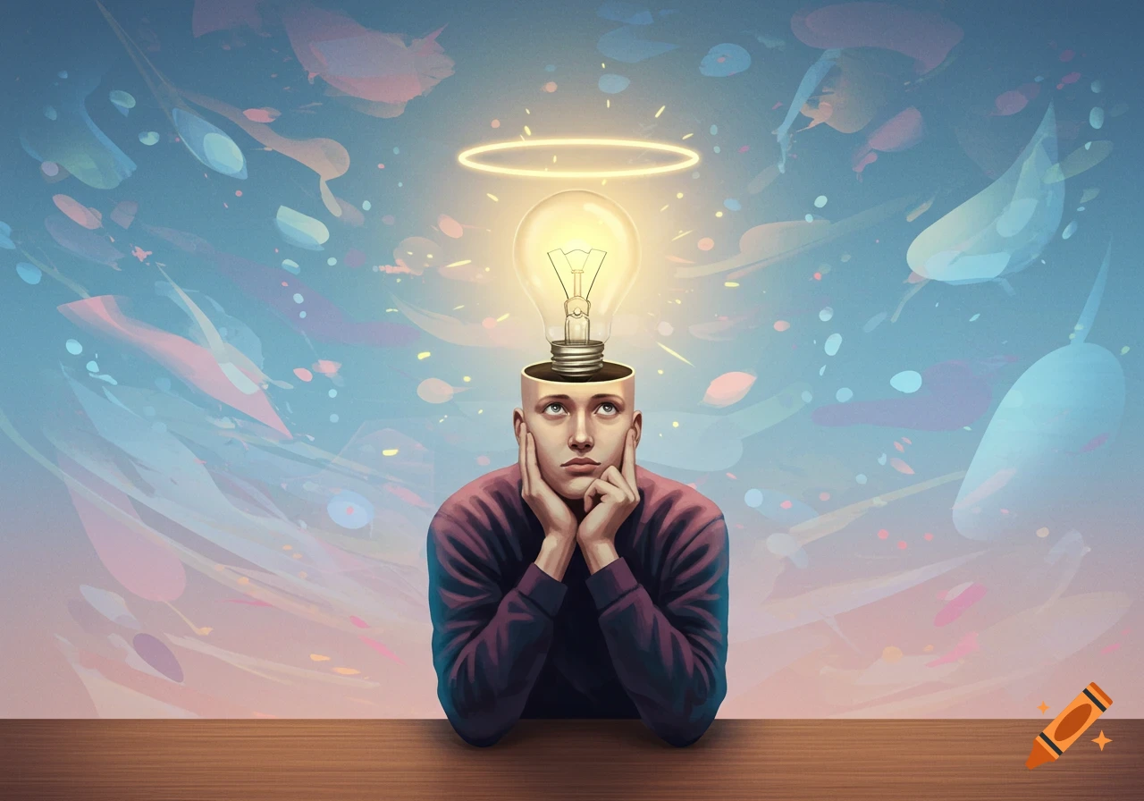 An illustration of a person with a glowing lightbulb for a head, symbolizing an idea, against a colorful abstract background.