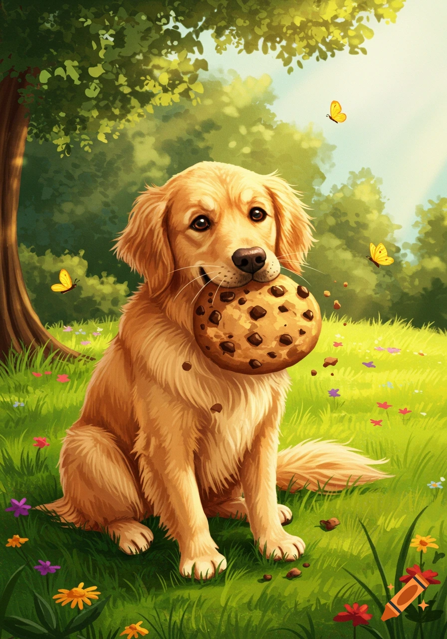 A cute golden retriever illustration sits in a sunny green field with flowers and butterflies, holding a large chocolate chip cookie in its mouth.