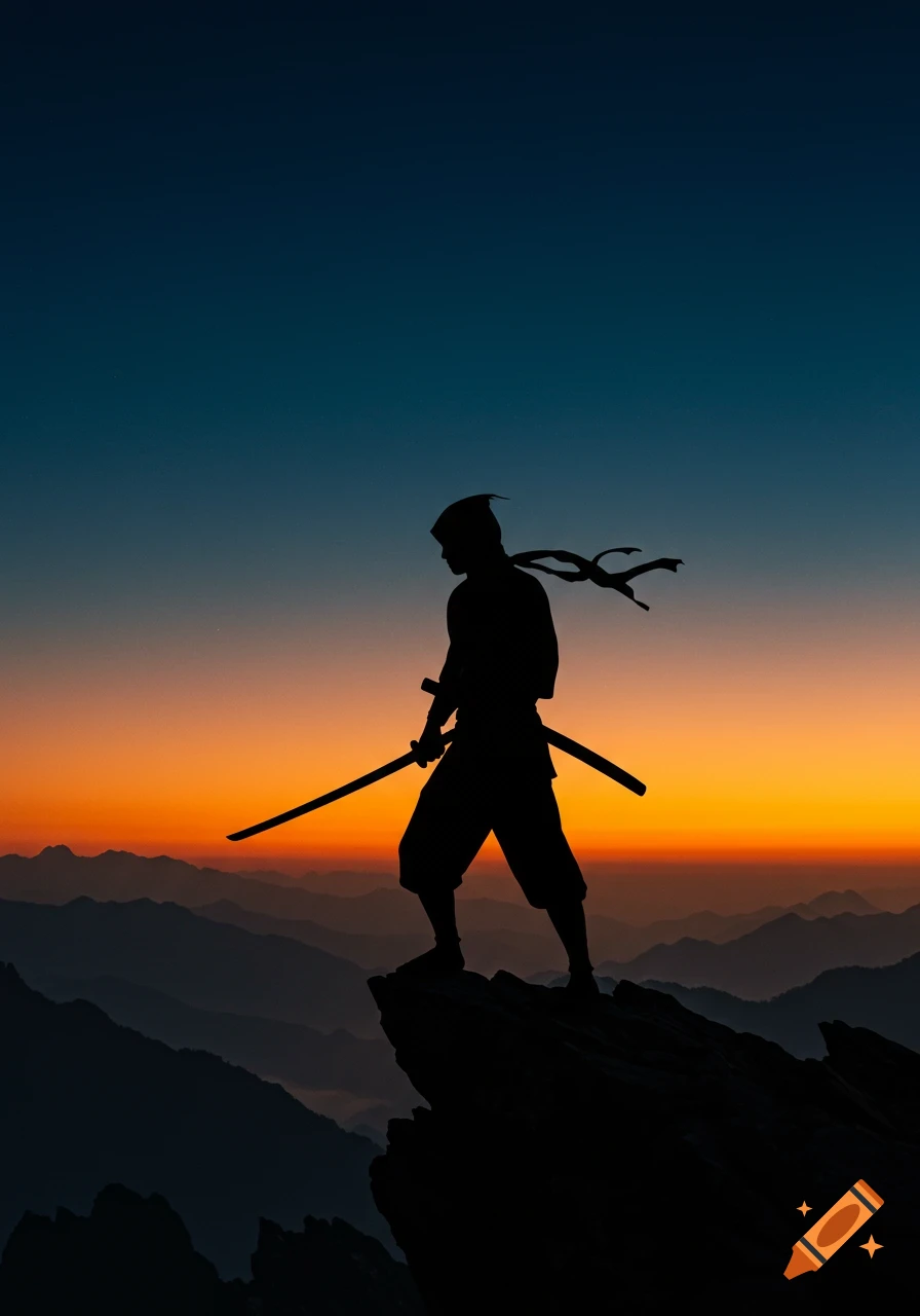 Silhouette of a ninja with a sword on a mountain peak at sunset, with a vibrant orange and blue sky.