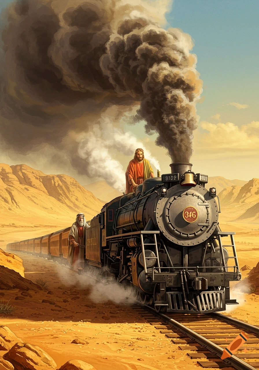 Painting of Jesus standing atop a steam train and King David in the cab, driving through a desert landscape with mountains under a cloudy sky.