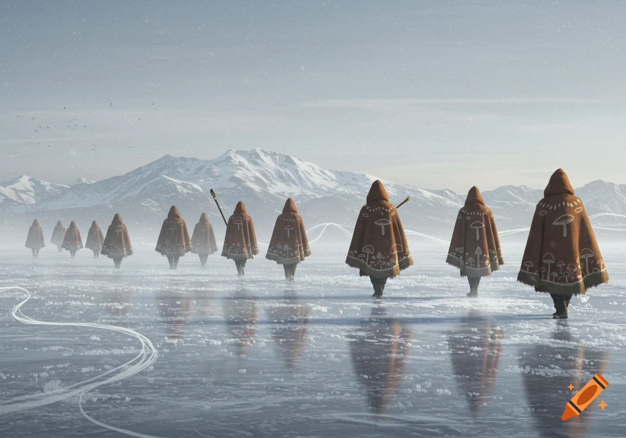 Photorealistic image of robed figures in mushroom cloaks walking across a vast frozen plain with snow-capped mountains.