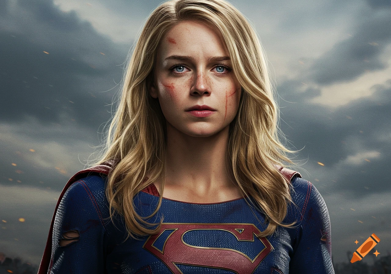 Hyperrealistic portrait of a serious, battle-worn Supergirl with blonde hair and a torn blue suit against a cloudy sky.
