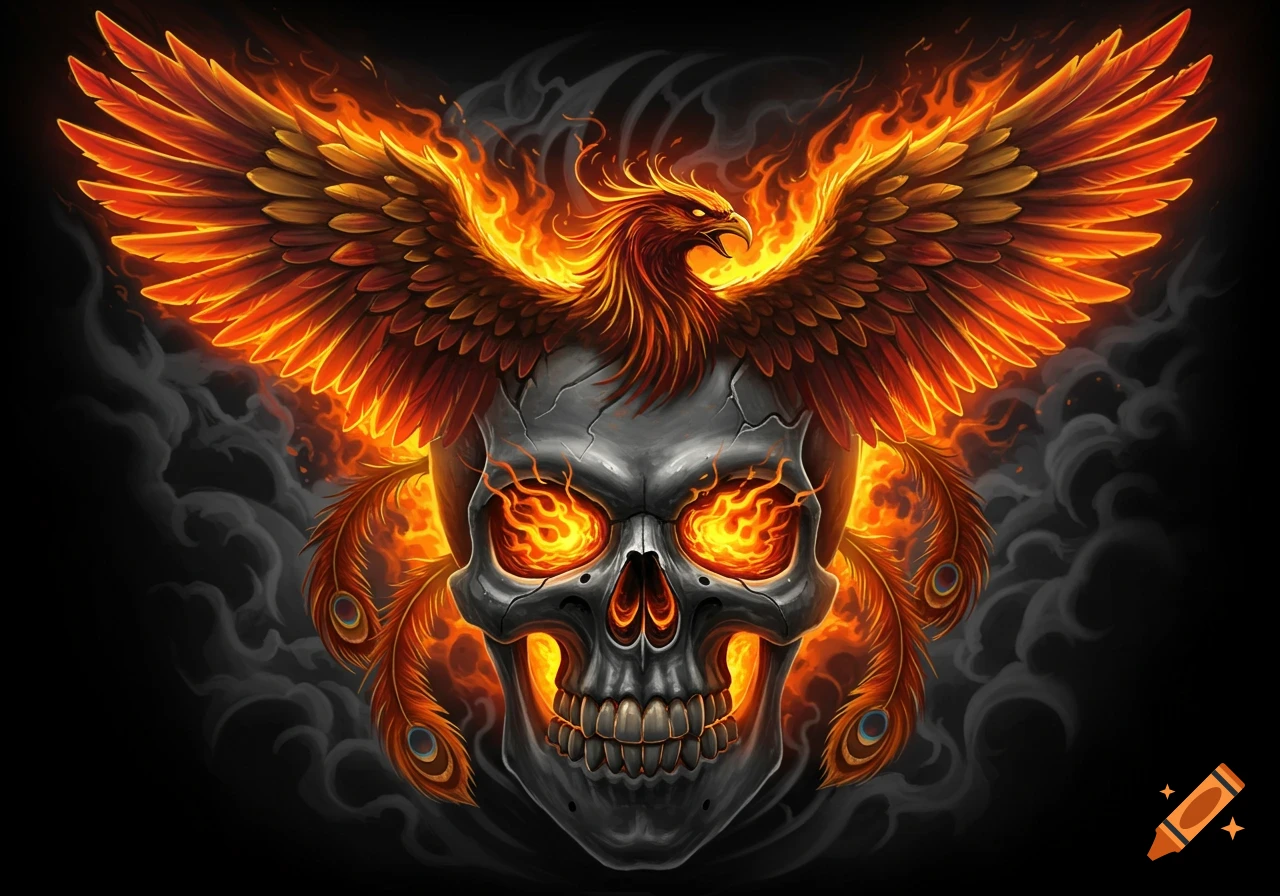 A flaming phoenix with outspread wings rises from a detailed gray skull with fiery eye sockets, on a dark background with smoke.