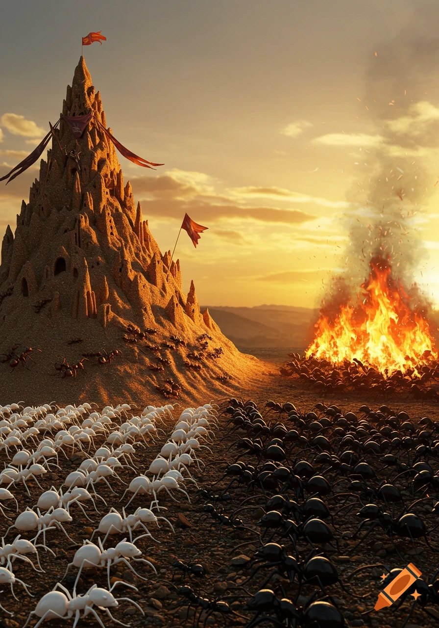 Photorealistic battle scene with white ants guarding a sandcastle and black ants by a fire, lined up for war at sunset.