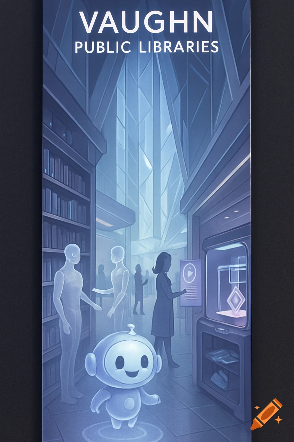 A futuristic public library with tall, glowing windows, bookshelves, AI librarians, and a small, friendly robot hologram in the foreground.