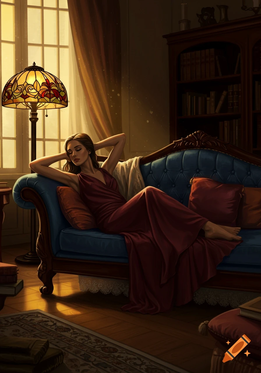 A woman in a red dress lounges on a blue couch in a warmly lit room with a Tiffany lamp and bookshelf, in an illustrated style.