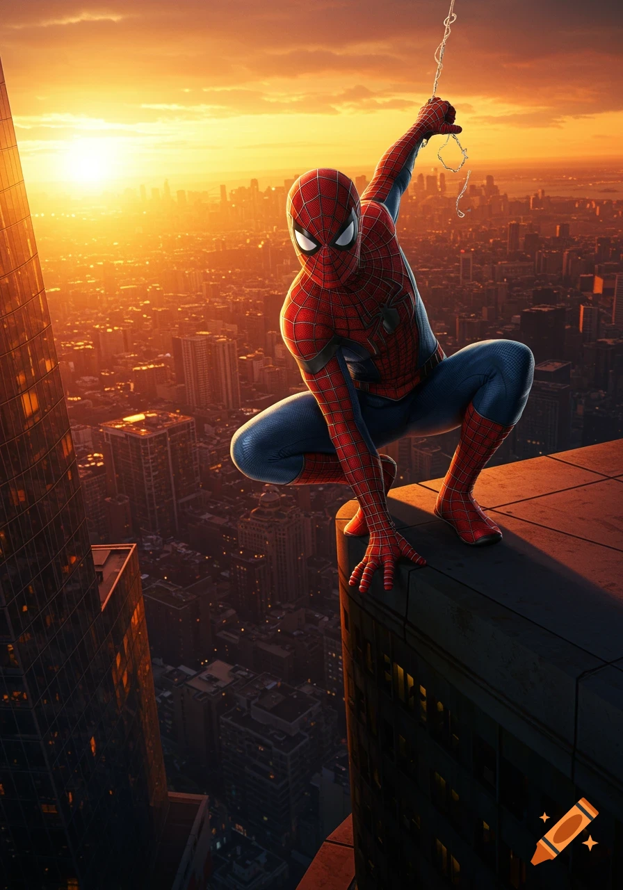 Spider-Man crouches on a skyscraper ledge at sunset, cityscape stretching below, in a photorealistic style.