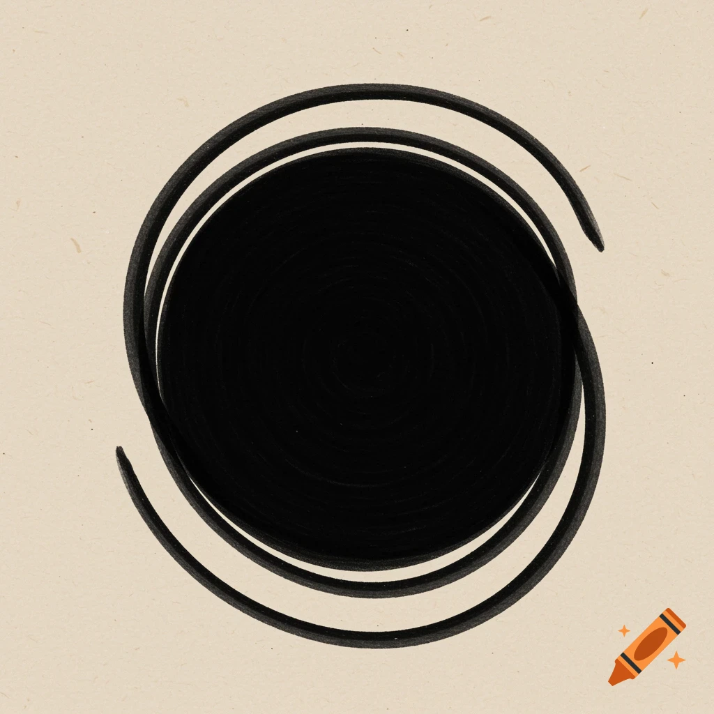 Abstract black spiral drawing with loose, thick lines on a textured beige background.