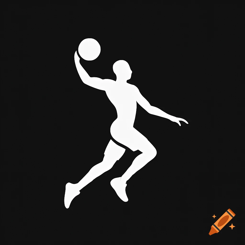 A white silhouette of a basketball player holding a ball, about to dunk, against a black background.