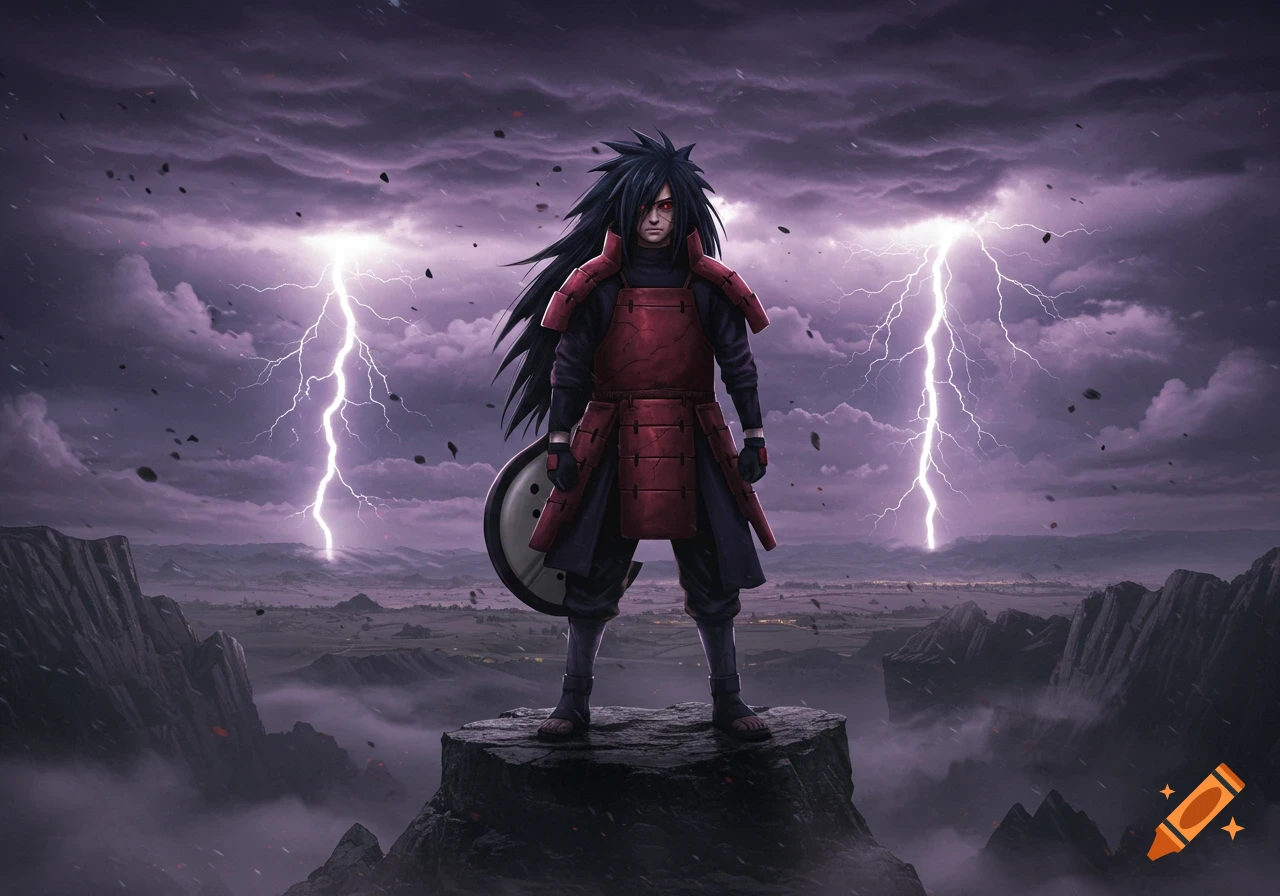 Madara Uchiha stands on a rock amidst a stormy purple sky with lightning striking in the background.