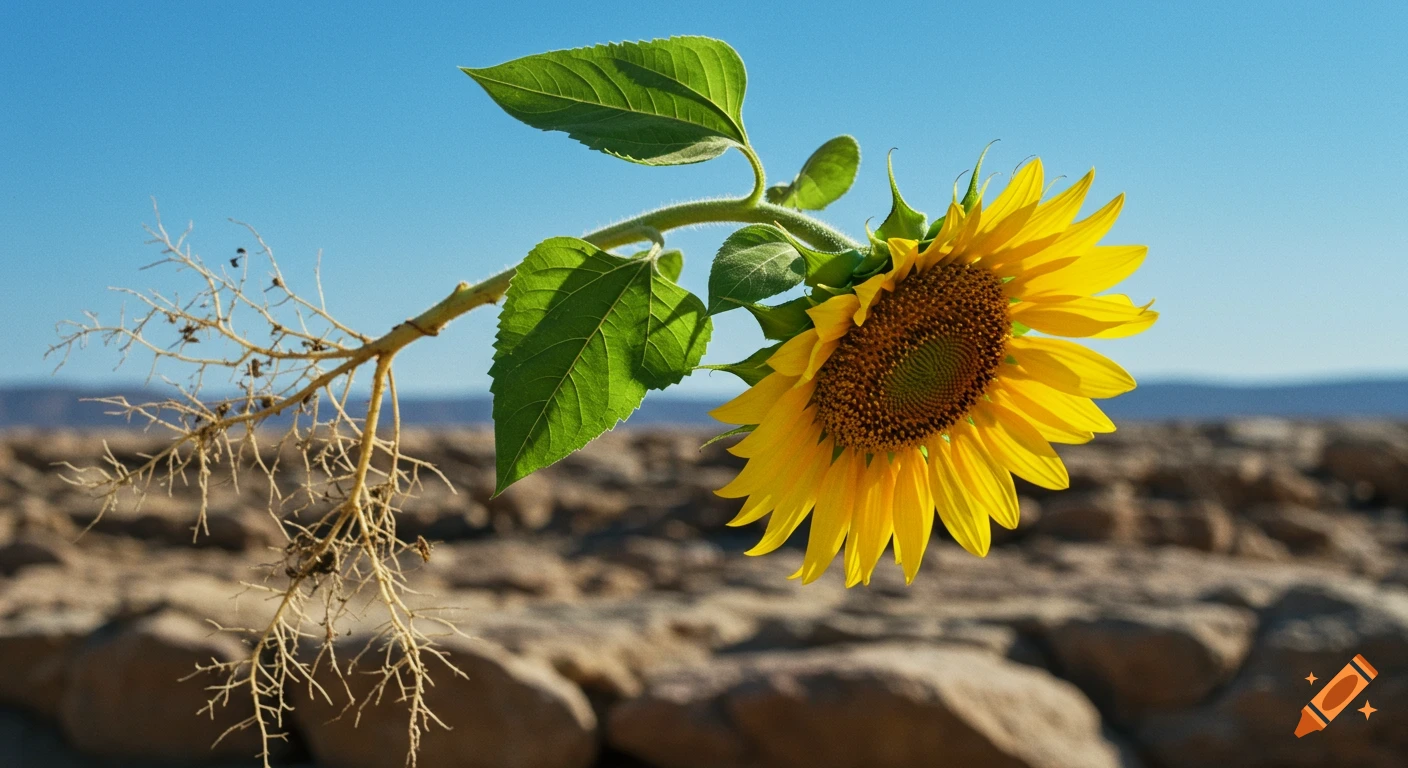 A vibrant sunflower with visible roots hovers above a rocky desert landscape under a clear blue sky.