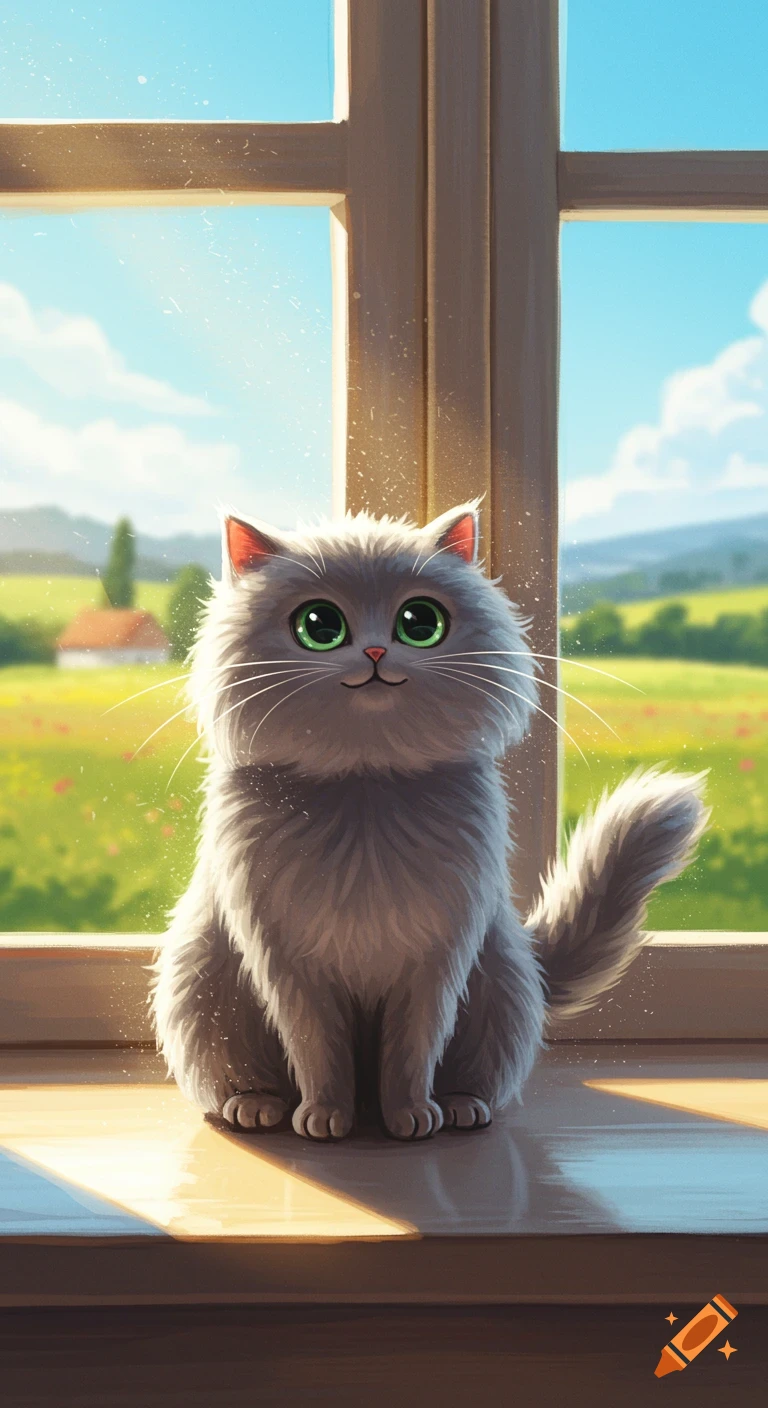A fluffy grey cartoon cat with large green eyes sits on a sunny wooden windowsill. Outside the window, a green field with a distant house is visible under a blue sky with clouds.