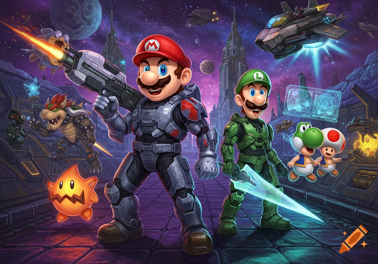 Mario and Luigi in Master Chief armor with Bowser, Yoshi, and Toad in a sci-fi space battle scene.