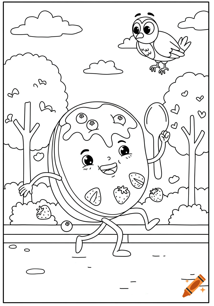 A happy cartoon pancake with berries and a spoon runs on a street, with trees and a bird flying overhead. Black-and-white coloring page.