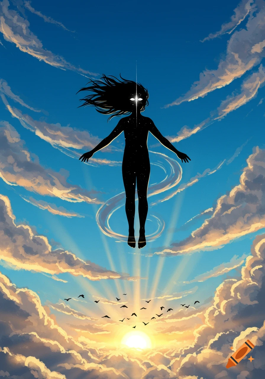 A silhouette of a figure with glowing eyes and a starry body floats in a vibrant blue and orange sky with clouds, sun rays, and birds.