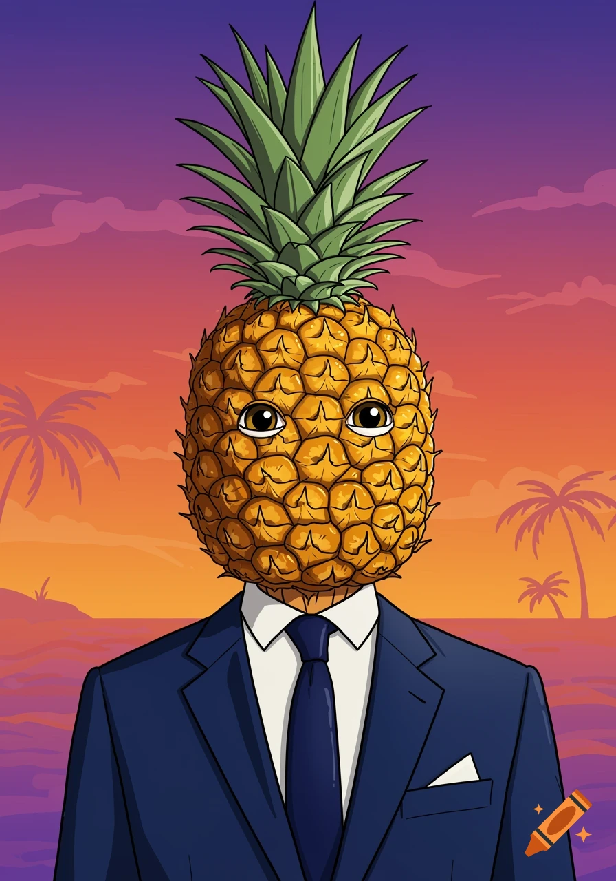 A cartoon man with a pineapple for a head, wearing a blue suit, standing against a sunset sky with palm trees.