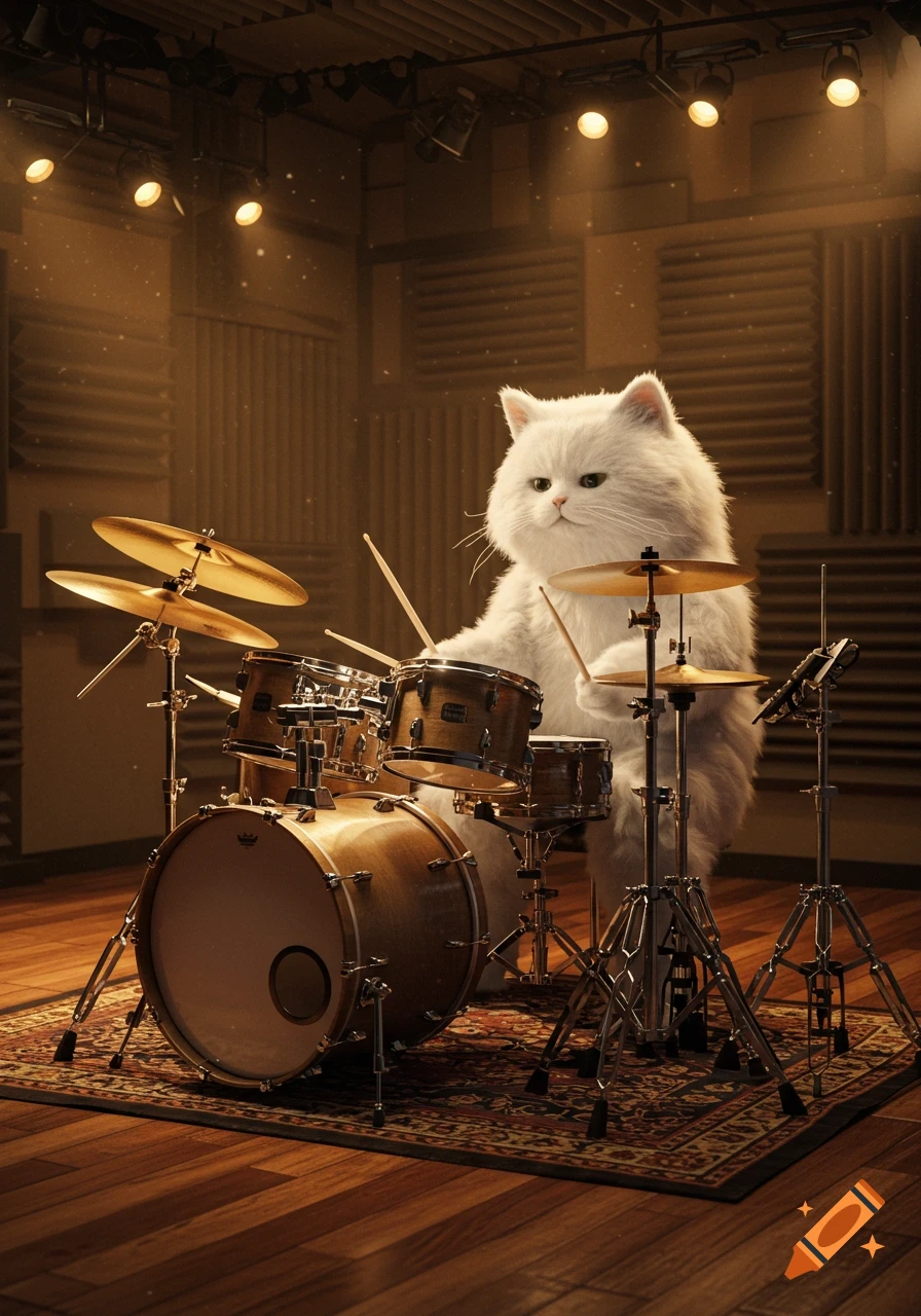 A fluffy white cat plays a drum kit in a warmly lit music studio.