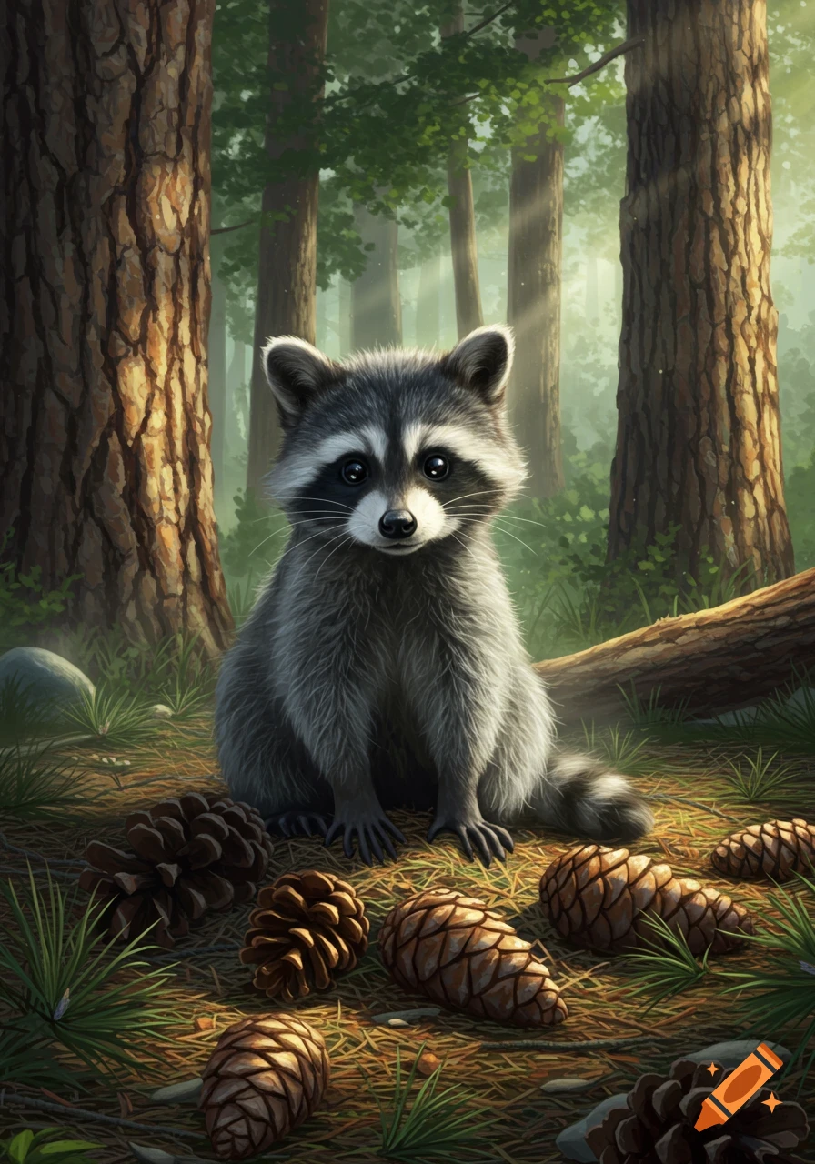 A cute juvenile raccoon sits on the forest floor surrounded by pinecones and dappled sunlight.