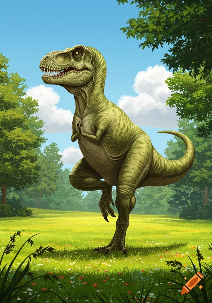 An illustrated green T-Rex dinosaur stands in a yoga tree pose in a vibrant green field with trees and a blue sky.